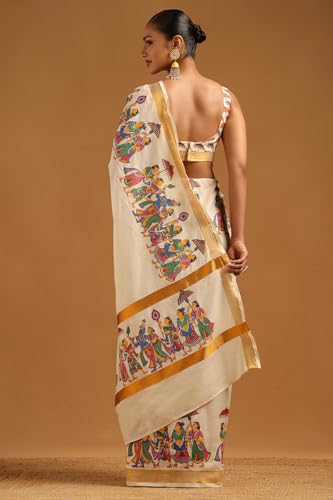 Soch Womens Cream Cotton Madhubani Printed Kasavu Saree