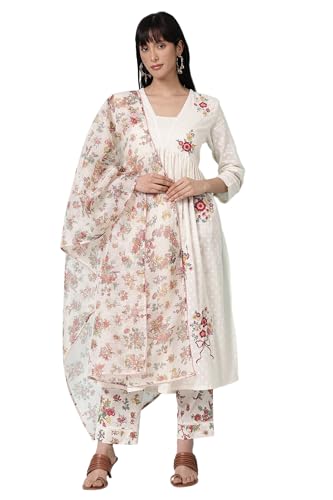 W for Woman White Floral Printed Textured Cotton Gathered Kurta, Pants and Dupatta Set (Size: M)-WS11620-222350