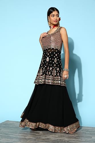 Libas Art Womens Embroidered Georgette Straight Kurta With Palazzos and Dupatta