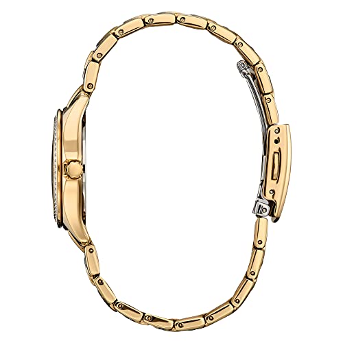 Citizen Stainless Steel Women's Ladies' Classic Silhouette Crystal Eco-Drive Analog Watch, 3-Hand Date, Luminous Hands, Gold-Tone And Champagne, Bracelet, Band_ Golden, Dial_ White