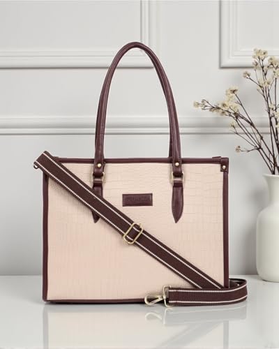Pramadda Pure Luxury Bianca Laptop Tote bag for women office use | Large Handbags for woman | Stylish Tote bags for college | Bags for women latest. (Classic Beige)