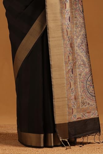 Soch Womens Black Tussar Madhubani Printed Saree