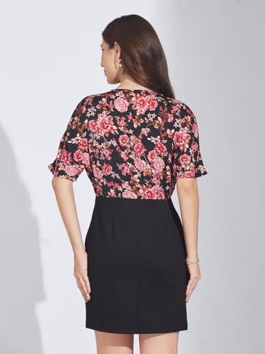 Latin Quarters Women Black Short Sleeves V-Neck Printed Dress_L