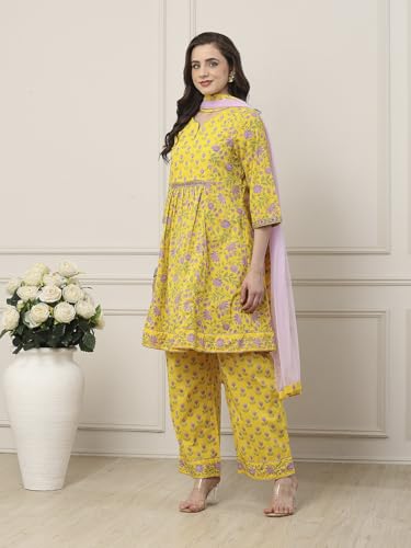 BIBA Women Yellow Cotton Kalidar Suit Set_32