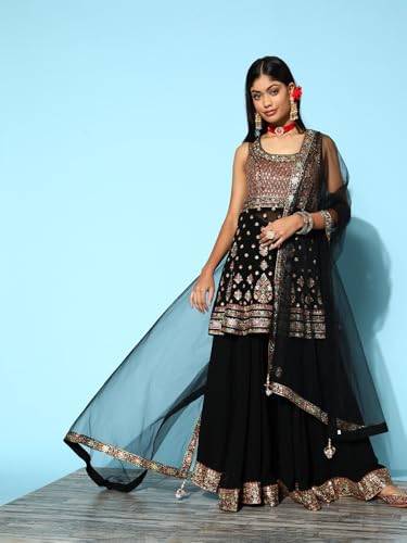 Libas Art Womens Embroidered Georgette Straight Kurta With Palazzos and Dupatta