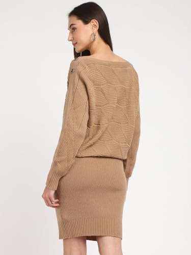 GUESS Women Beige Solid Boat Neck Dress