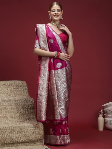 AKHILAM Women's Pink Satin Silk Floral Printed Saree With Unstitched Blouse Piece (RNGREET306_HS)
