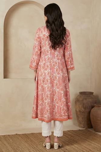 W for Woman White and Peach Paisley Printed Sequins Modal Anarkali Kurta - (W14003-127413-M)
