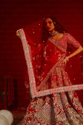 kaevion 2.5 mtr Bridal sada saubhagyavati bhav Embroidery with Moti Lace dupatta | Bridal Entry Dupatta for Wedding |Traditional Outfits Dulhan Chunari