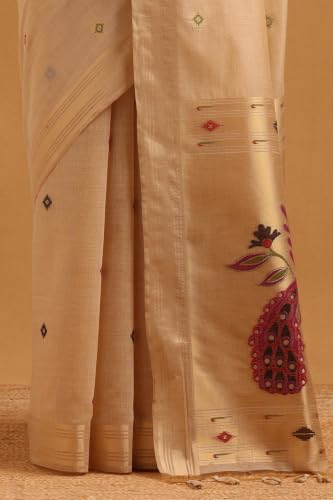 Soch Womens Beige Chanderi Bird Motifs Zari Woven Saree