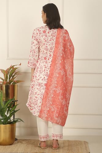 W for Woman White and Orange Floral Printed Pure Cotton Flared Kurta, Pants and Dupatta Set (Size: S)-WS12726-125580