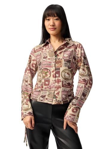 The Souled Store Hello Kitty: Delish Women and Girls Full Sleeves Spread Collar Beige Graphic Printed Viscose Polyamide Slim Fit Lightweight Winter-Ready Shirt for Casual Wear