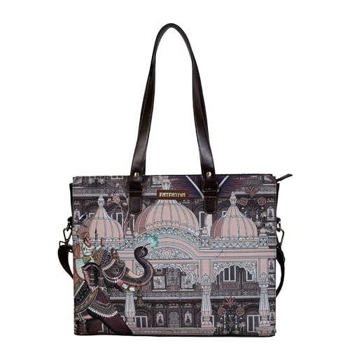 Fatfatiya Indian Heritage Elephant Art Office Tote Bag for Women | Laptop Handbag Fits 15.6 Inch | Palace Illustration Work Bag | Detachable Sling Strap