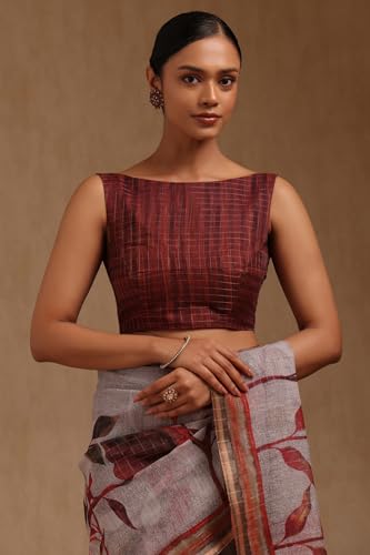 Soch Womens Grey Linen Botanical Print Saree