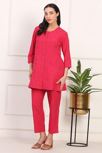 W for Woman Solid Embroidered Rayon Flax A-line Red Tunic and Straight Pants Co-ord Set (Size: XS)-WSST31085-603668