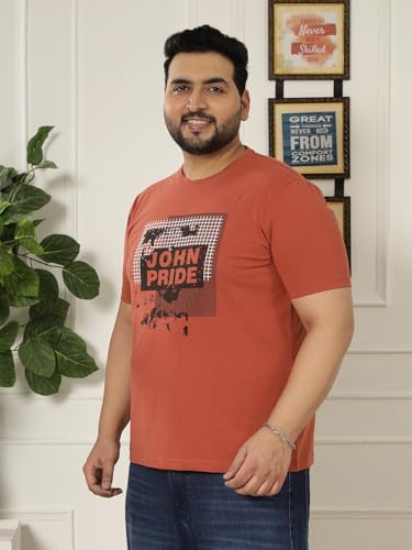 JOHN PRIDE Plus Size Men Regular Fit Printed Short Sleeves Rust Round Neck Stretchable T-Shirt (JPTSR32445_7XL_Rust)