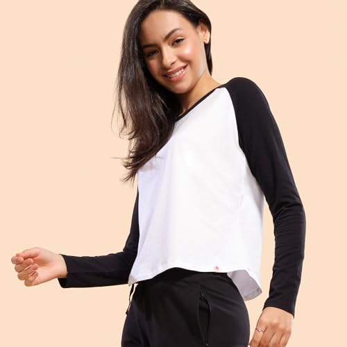 Enamor Women's Solid Slim Fit T-Shirt (E307_Black/Bright White 2XL)