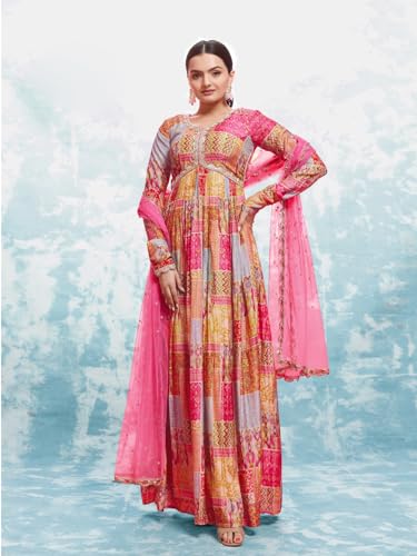 FUSIONIC Elegant Coral Print Gown with Dupatta