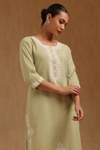 Soch Womens Sap Green Rayon Slub Embroidered Kurta with Thread Work