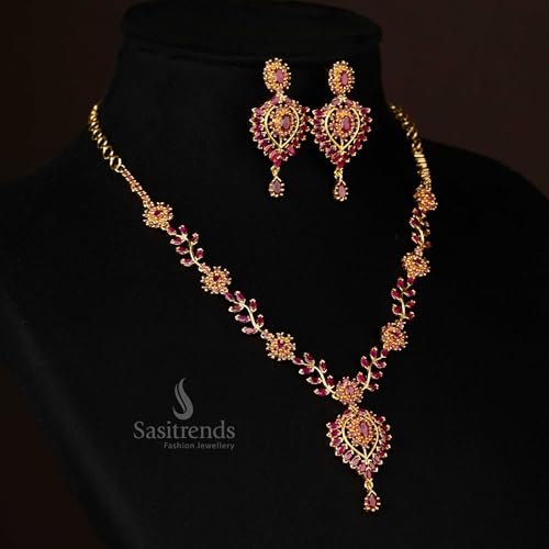 Sasitrends Traditional Micro Gold Plated American Diamond Floral Pendant Necklace Jewellery Set for Women