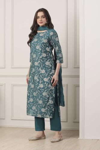 BIBA WOMEN PRINTED NARROW SALWAR KURTA DUPATTA(SKDSKD7053E_PEACOCK GREEN_36)