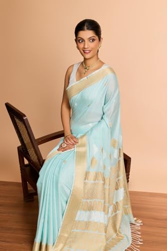 Taneira Women Light Blue Assam Woven Modal Eri Saree with Unstitched Blouse Piece (SAIH01AB9978-Light Blue)