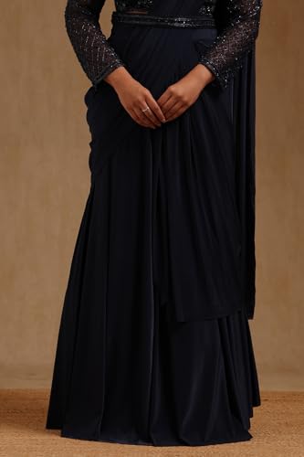 Soch Womens Navy Blue Spandex Solid Ready To Wear Saree