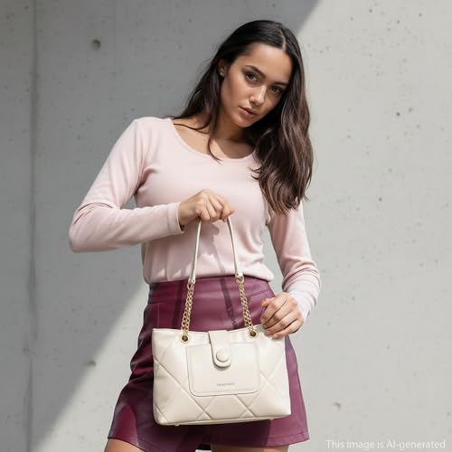 Fastrack White Shoulder Bag | Quilted Faux-Leather Women’s Handbag | Bag with Chain Strap & Dual Closure