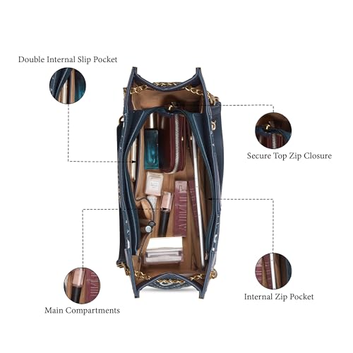 Caprese Florida Medium Tote Bag for Women | Stylish Handheld Bag with Zipper Closure & Multiple Compartments | Ideal for 16 inch Laptop Bag | Perfect for Office, Travel & Daily Use (Navy)