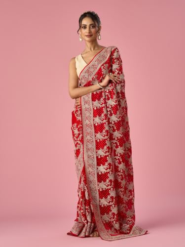 MOHEY Women's Red Organza Saree with Stone Work with Blouse Piece (Red)