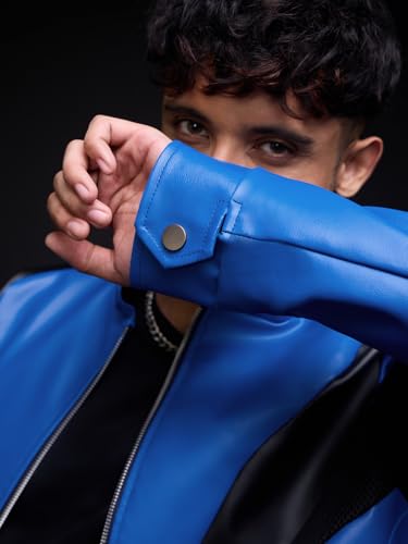 The Souled Store Biker Jacket: Blue Ranger Men and Boys Full Sleeves Mock Collar Blue and Black Colour-Block Polyester Regular Fit Breathable Zippered Closure Winter Biker Jacket
