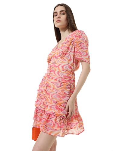 ONLY Women Printed Polyester Above Knee Pink Tiered Dress