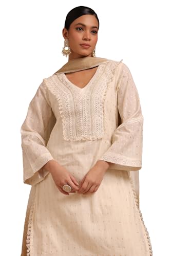 Soch Womens Off White Cotton Embroidered Suit Set With Faux Mirror And Sequins