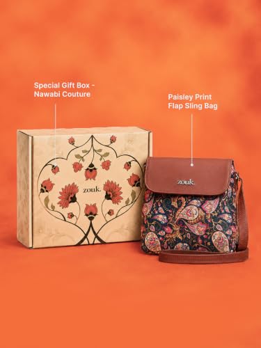 ZOUK Paisley Flap Sling Bag Gift Box for Women | Rakhi Gift for Sister | Vegan Leather Crossbody Sling with Magnetic Flap | Handcrafted in India