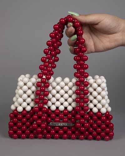 TUSSYA BY SHREYA Cherry Ivory Crystal Bag Elegant Pearl Design Handbag with Broad Beaded Belt