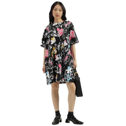 United Colors of Benetton Round Neck Floral Print Dress (Size: XXL)-25A3SOCPT733I901 Black
