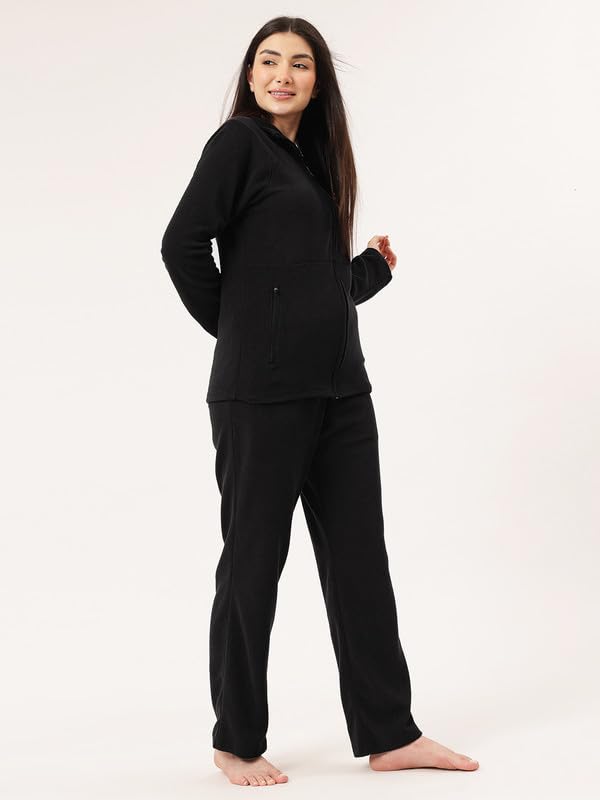 Clovia Women's Winterwear Fleece Zippered Jacket & Pyjama Set (LSW779R13_Black_M)