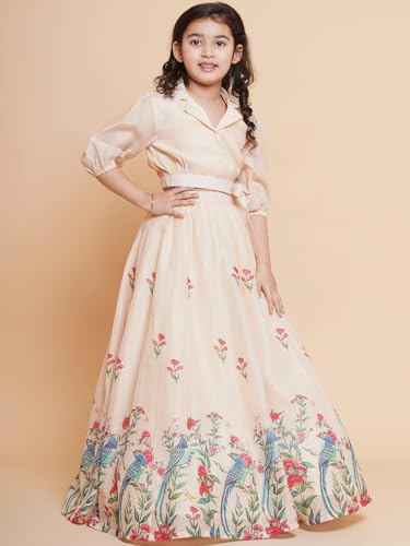 Bitiya by Bhama Girls Beige Peacock Printed Ready to wear Lehenga with Choli