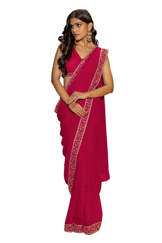 Soch Womens Fuchsia Georgette Saree With Stone Work
