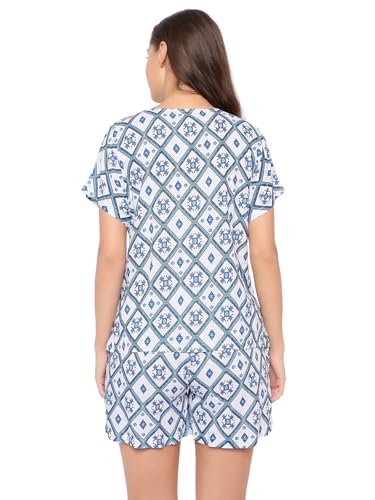Clovia Women's Rayon Printed Top & Shorts Set (LS0533C18_White,Blue_XL)