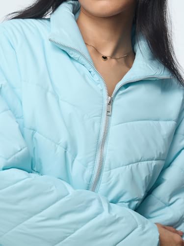 The Souled Store Hearts Women and Girls Full Sleeves Spread Collar Light Blue Chevron Quilted Polyester Oversized Fit Lightweight Casual Puffer Jacket