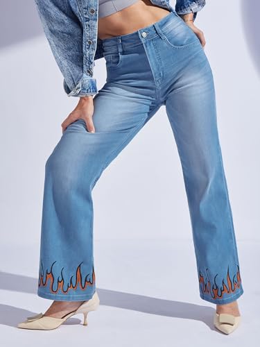 Miss Chase Women's Straight Fit Mid Rise Hand Painted Stretchable Denim Jeans (MCSS18DEN02-19-392-32, Vivid Blue, 32)