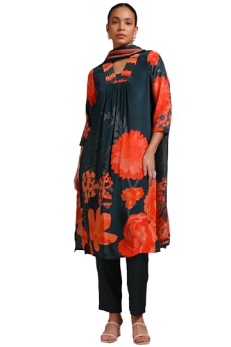Soch Womens Teal Green Crepe Floral Print Suit Set With Beads