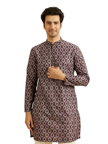 Manyavar Men's Cotton Blend Digital Print Long Kurta (Wine,XL)