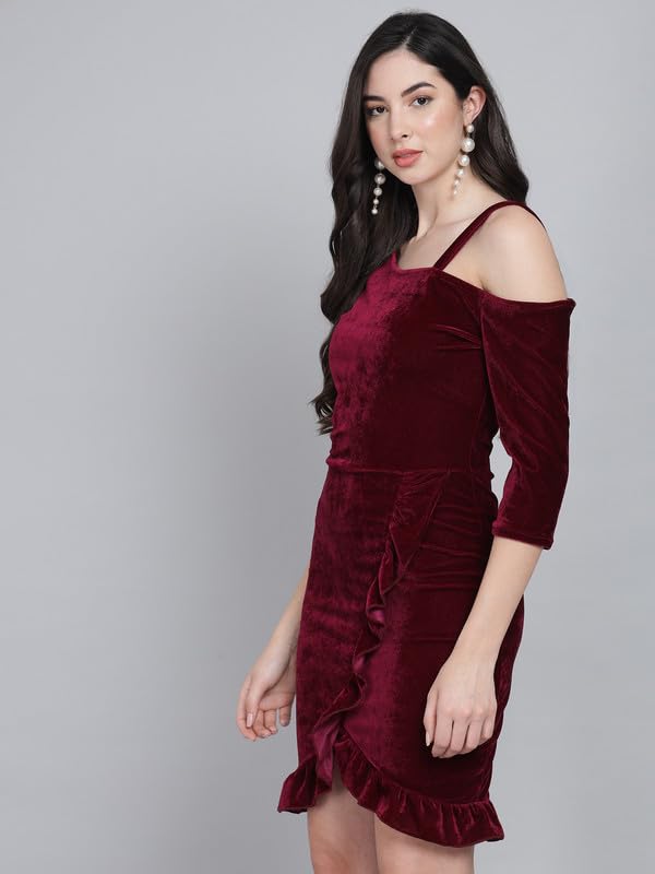 Vaararo Bodycon Party Dress for Women with Hemline Ruffles | One Shoulder Quarter Sleeves Shiny Velvet Outfit Wine X-Small