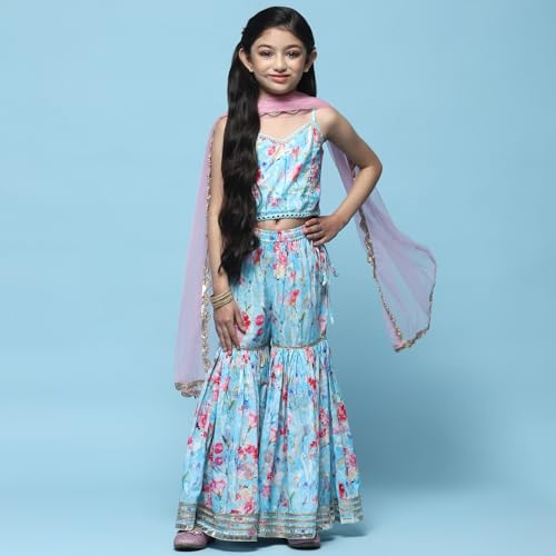 BIBA Girl's Cotton PRINTED STRAIGHT KID Suit Set(KWLAVENDER5839_BLUE_15), 14-15 Years