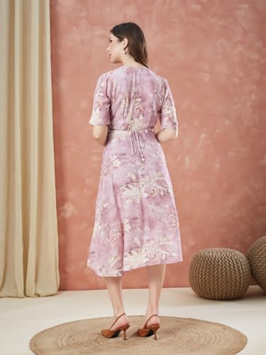Latin Quarters Women's Pink Half Sleeves Printed V-Neck Casual Dress_XL