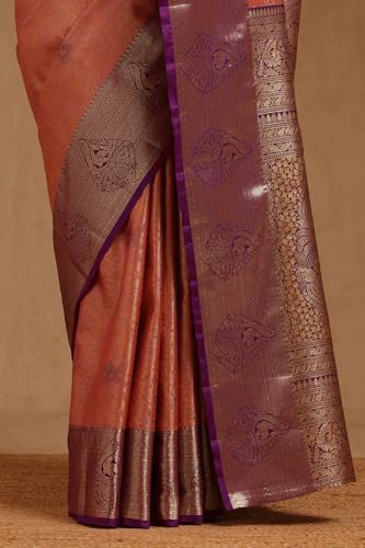 Soch Womens Peach Silk Blend Botanical Zari Woven Saree
