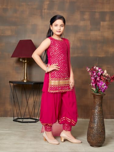 Aarika Girls Ethnic Wear Rani Colour Sequin Embroidery Lace Work Georgette Kurti Patiala Set (10-15 Years)