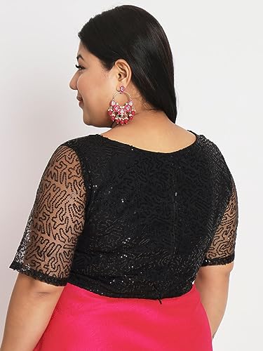 studio rasa Women's Plus Size Net Sequin Embroidered Sheer Sleeves Readymade Saree Blouse for Wedding Festive Party (TPWPC223PS15-5XL_BL_Black_5XL)
